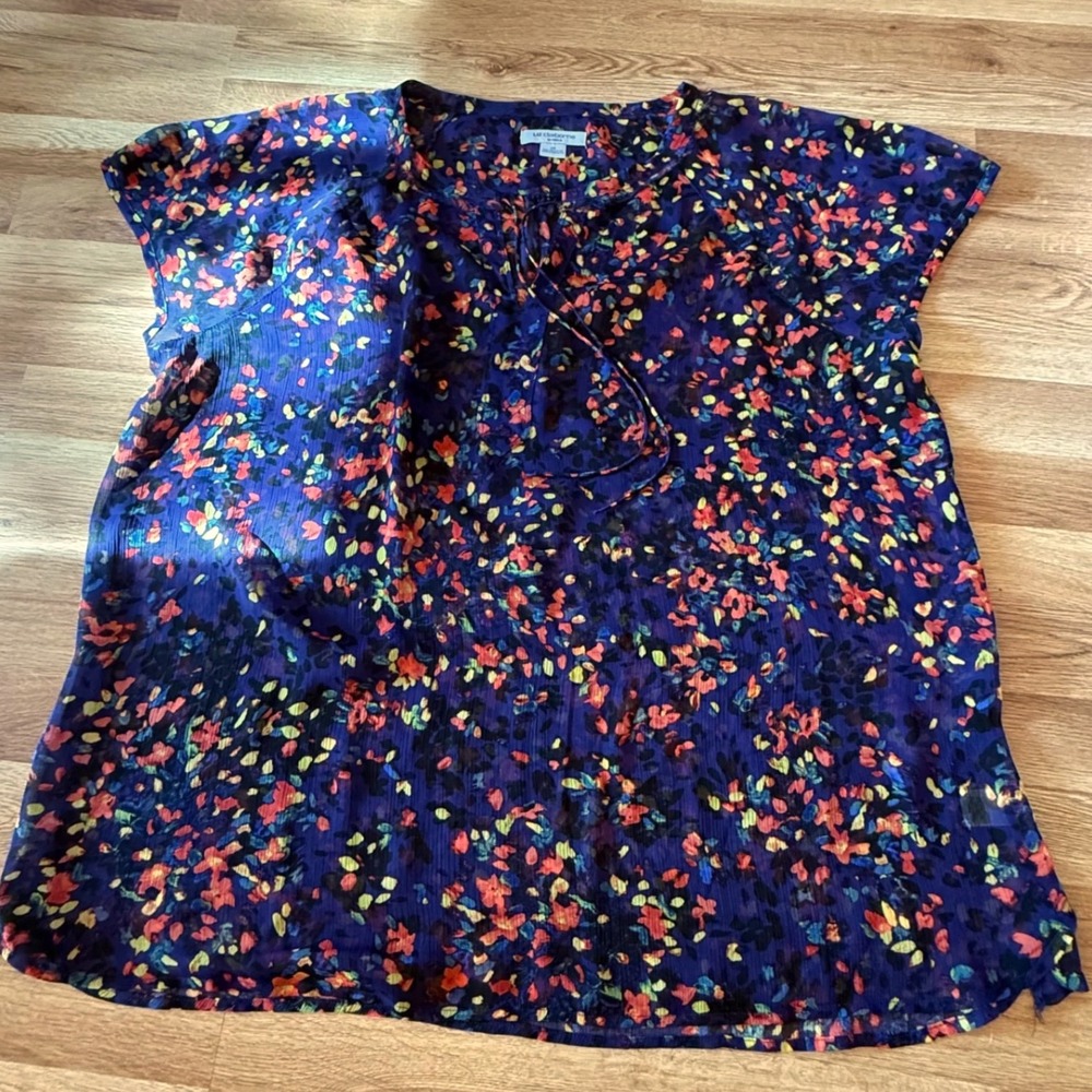 Liz Claiborne Woman 2X‎ Tunic Purple Multicolor Floral Drawstring Plus  Blouse